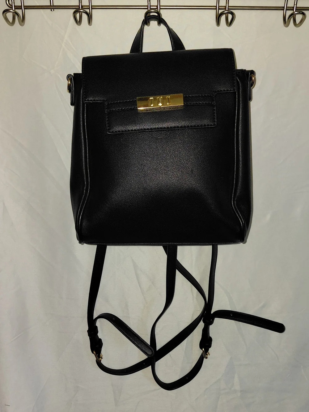 Classic Black Faux Leather Backpack with Gold Accent
